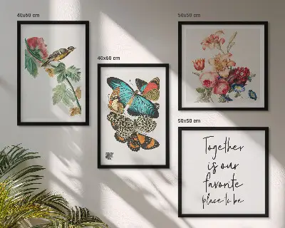 Set posters met lijst bloemen, vlinders en vogels in pastelkleuren