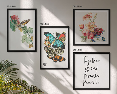 Set van posters met lijst Bloemen, vlinders, vogels, pastelkleuren