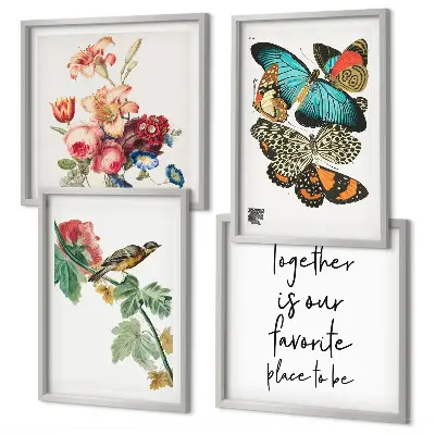 Set posters met lijst bloemen, vlinders en vogels in pastelkleuren