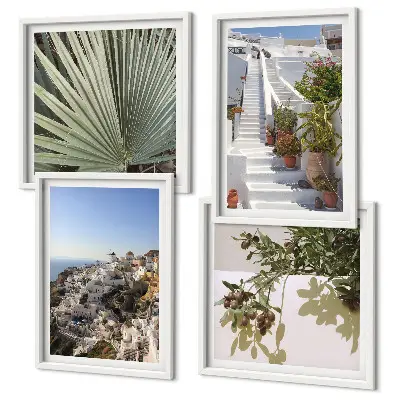 Set van posters met lijst Witte trap met uitzicht op Santorini