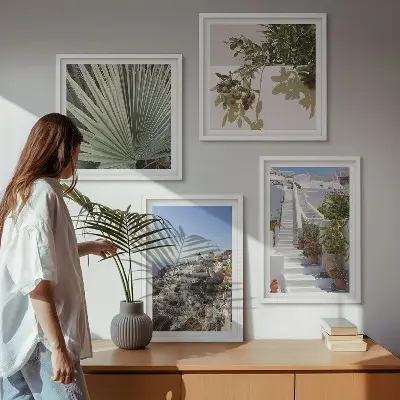Witte trap met uitzicht op Santorini set van posters met lijst