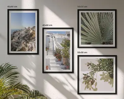 Witte trap met uitzicht op Santorini set van posters met lijst