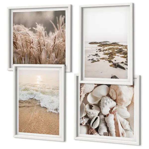 Set van posters met lijst met strandgras, golven en stenen in boho-stijl
