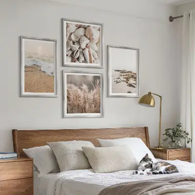 Set van posters met lijst met strandgras, golven en stenen in boho-stijl
