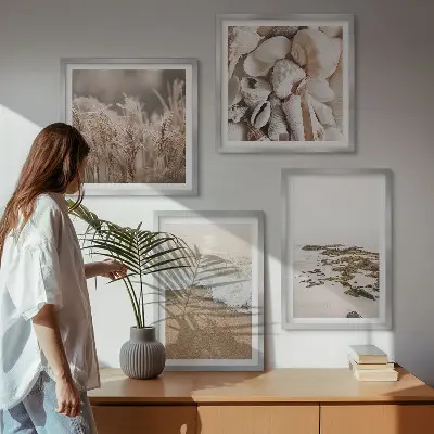 Set van posters met lijst met strandgras, golven en stenen in boho-stijl