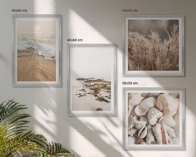 Set van posters met lijst met strandgras, golven en stenen in boho-stijl