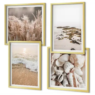 Set van posters met lijst met strandgras, golven en stenen in boho-stijl