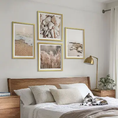 Set van posters met lijst met strandgras, golven en stenen in boho-stijl