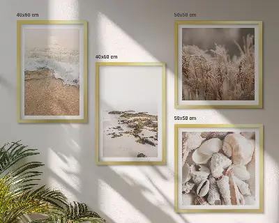 Set van posters met lijst met strandgras, golven en stenen in boho-stijl