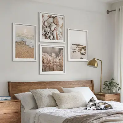 Set van posters met lijst met strandgras, golven en stenen in boho-stijl