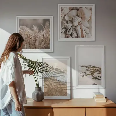 Set van posters met lijst met strandgras, golven en stenen in boho-stijl