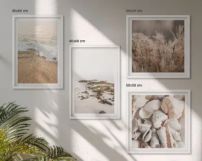Set van posters met lijst met strandgras, golven en stenen in boho-stijl