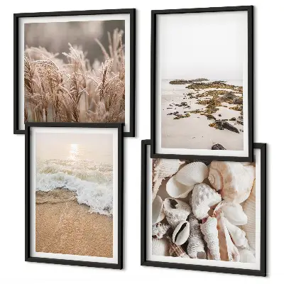 Set van posters met lijst met strandgras, golven en stenen in boho-stijl