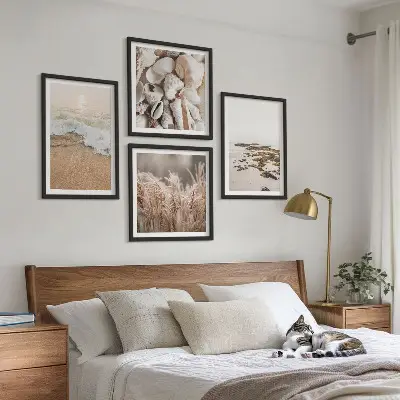 Set van posters met lijst met strandgras, golven en stenen in boho-stijl