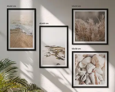Set van posters met lijst met strandgras, golven en stenen in boho-stijl