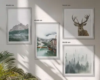 Set posters met lijst met een afbeelding van bergen, een meer, een hert, een hut en mist