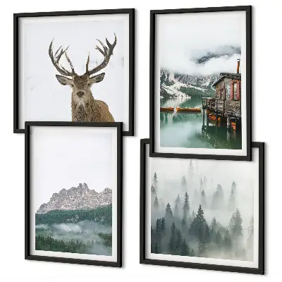 Set posters met lijst met een afbeelding van bergen, een meer, een hert, een hut en mist