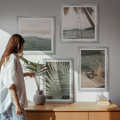 Set van posters met lijst Strandvakantie met schommelende bladeren