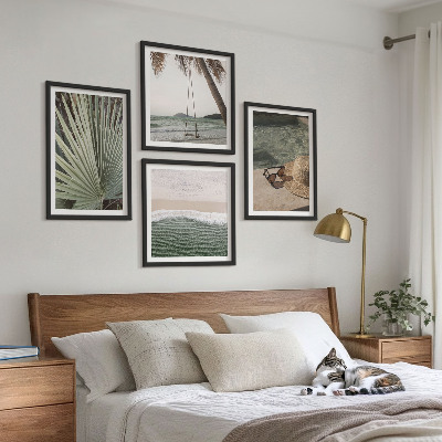 Set van posters met lijst Strandvakantie met schommelende bladeren