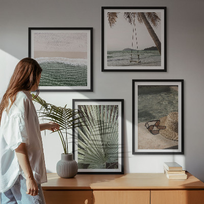 Set van posters met lijst Strandvakantie met schommelende bladeren
