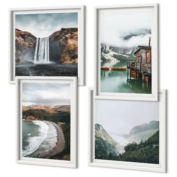 Set posters met lijst met afbeelding van bergstranden, wolken en water