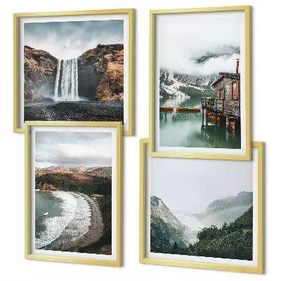 Set posters met lijst met afbeelding van bergstranden, wolken en water