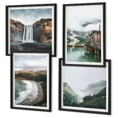 Set posters met lijst met afbeelding van bergstranden, wolken en water