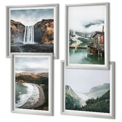 Set posters met lijst met afbeelding van bergstranden, wolken en water