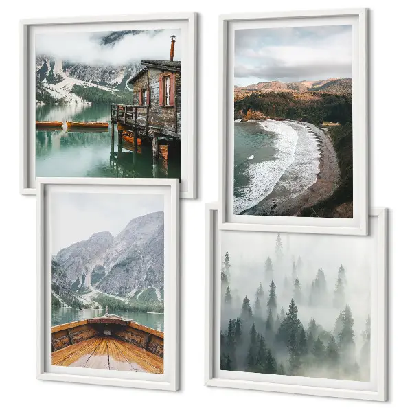 Set posters met lijst met afbeelding van bergen, meer, boot, mist en strand
