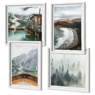 Set van posters met lijst Bergen, meer, boot, mist, strand