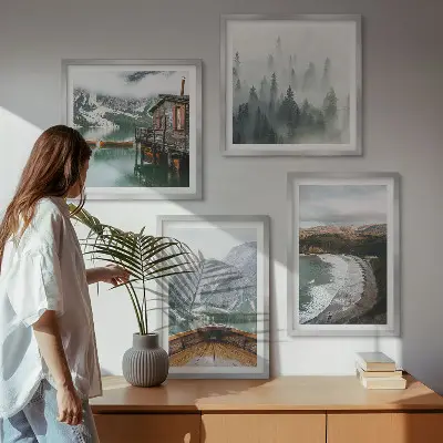 Set posters met lijst met afbeelding van bergen, meer, boot, mist en strand