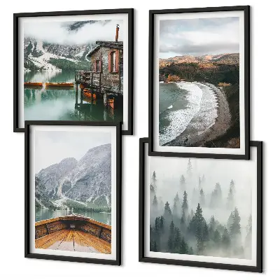 Set posters met lijst met afbeelding van bergen, meer, boot, mist en strand
