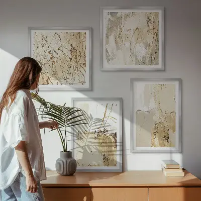Set posters met lijst met abstracte patronen in beige en wit