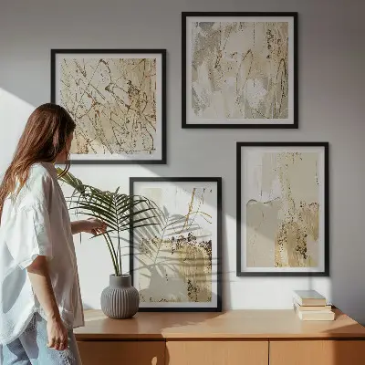 Set posters met lijst met abstracte patronen in beige en wit