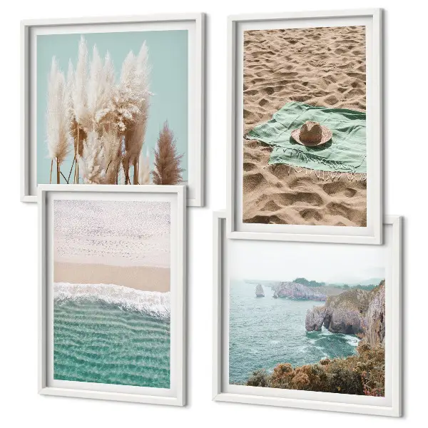 Posterset met lijsten strandgolven met gras en een hoed