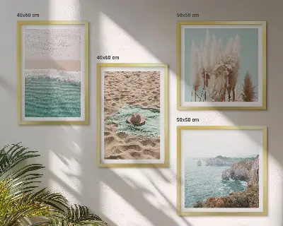 Posterset met lijsten strandgolven met gras en een hoed