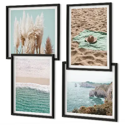 Posterset met lijsten strandgolven met gras en een hoed