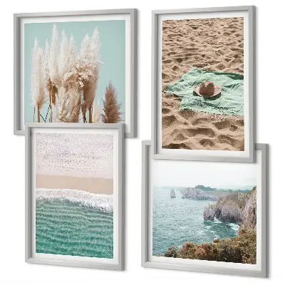 Posterset met lijsten strandgolven met gras en een hoed
