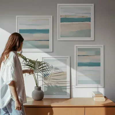 Abstracte blauwe landschappen meerluik in lijst
