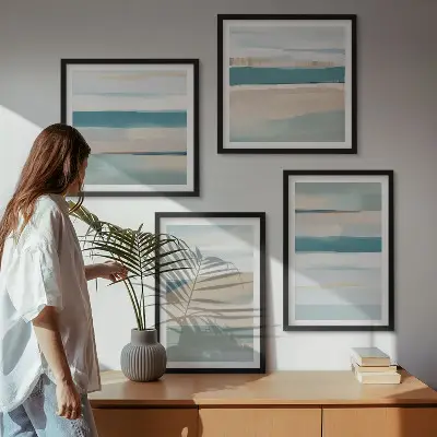 Abstracte blauwe landschappen meerluik in lijst