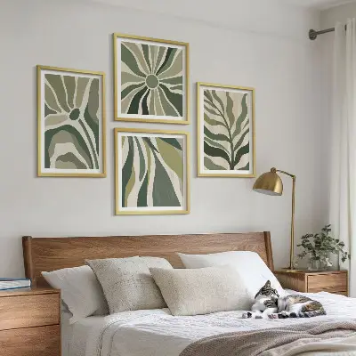 Set posters met lijst Geschilderde bladeren met groen set posters met lijst met geschilderde bladeren in groen
