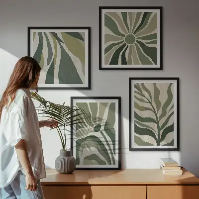 Set posters met lijst Geschilderde bladeren met groen set posters met lijst met geschilderde bladeren in groen