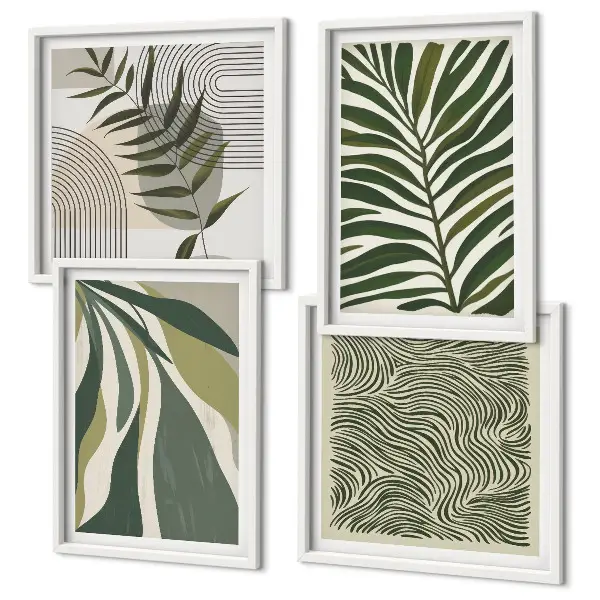 Set van posters met lijst bladeren en golven met pastelkleurige illustraties
