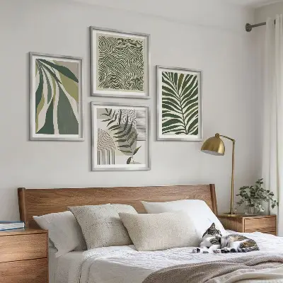 Set van posters met lijst bladeren en golven met pastelkleurige illustraties