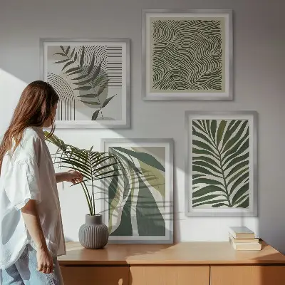 Set van posters met lijst bladeren en golven met pastelkleurige illustraties