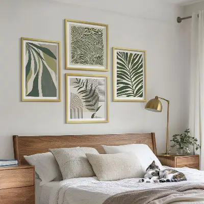 Set van posters met lijst bladeren en golven met pastelkleurige illustraties