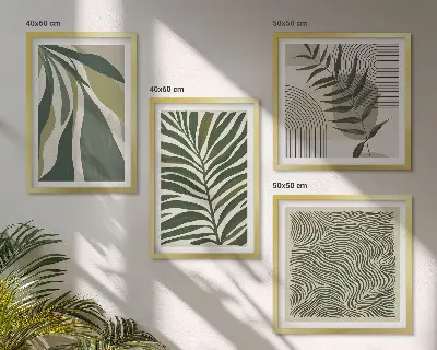 Set van posters met lijst bladeren en golven met pastelkleurige illustraties