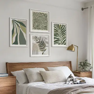 Set van posters met lijst bladeren en golven met pastelkleurige illustraties