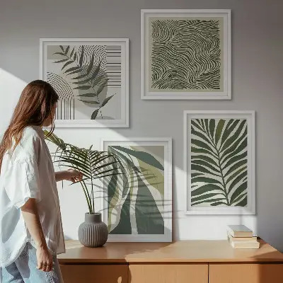 Set van posters met lijst bladeren en golven met pastelkleurige illustraties
