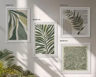 Set van posters met lijst bladeren en golven met pastelkleurige illustraties